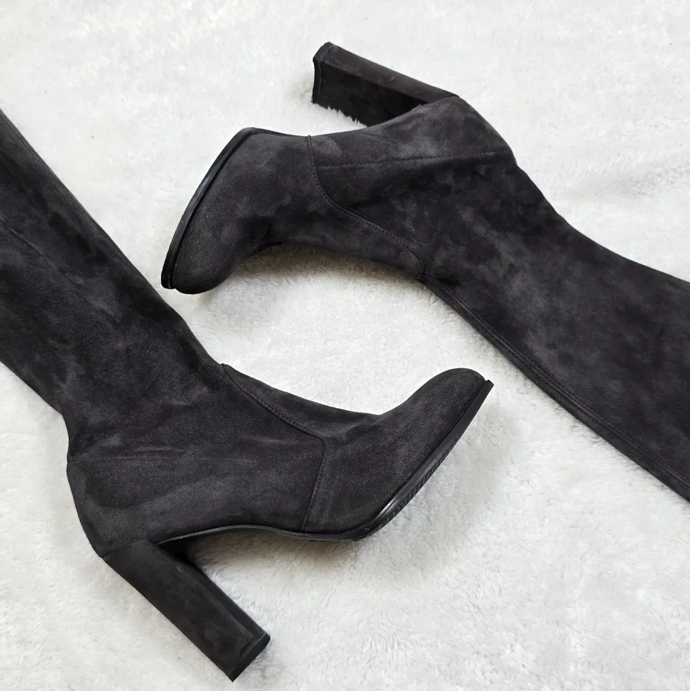 Stuart Weitzman Highland Gray Suede Over-The-Knee OTK Block Heel Boots 8.5